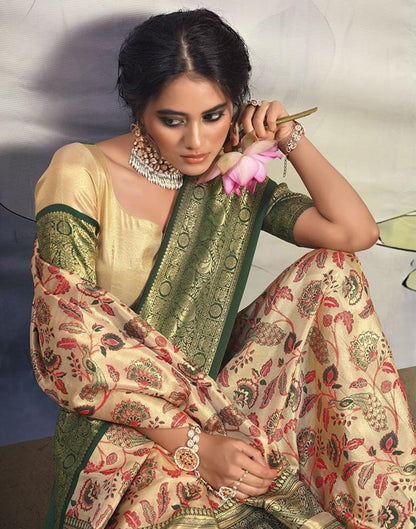 Golden &amp; Dark Green Silk Woven Saree