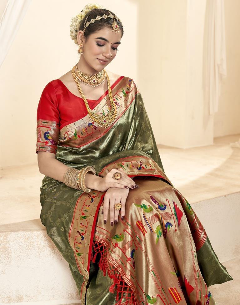 Army Green Silk Woven Saree