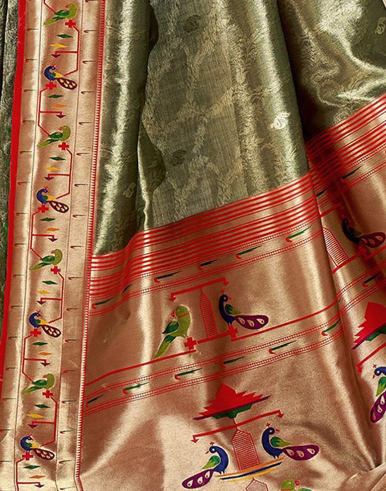 Army Green Silk Woven Saree