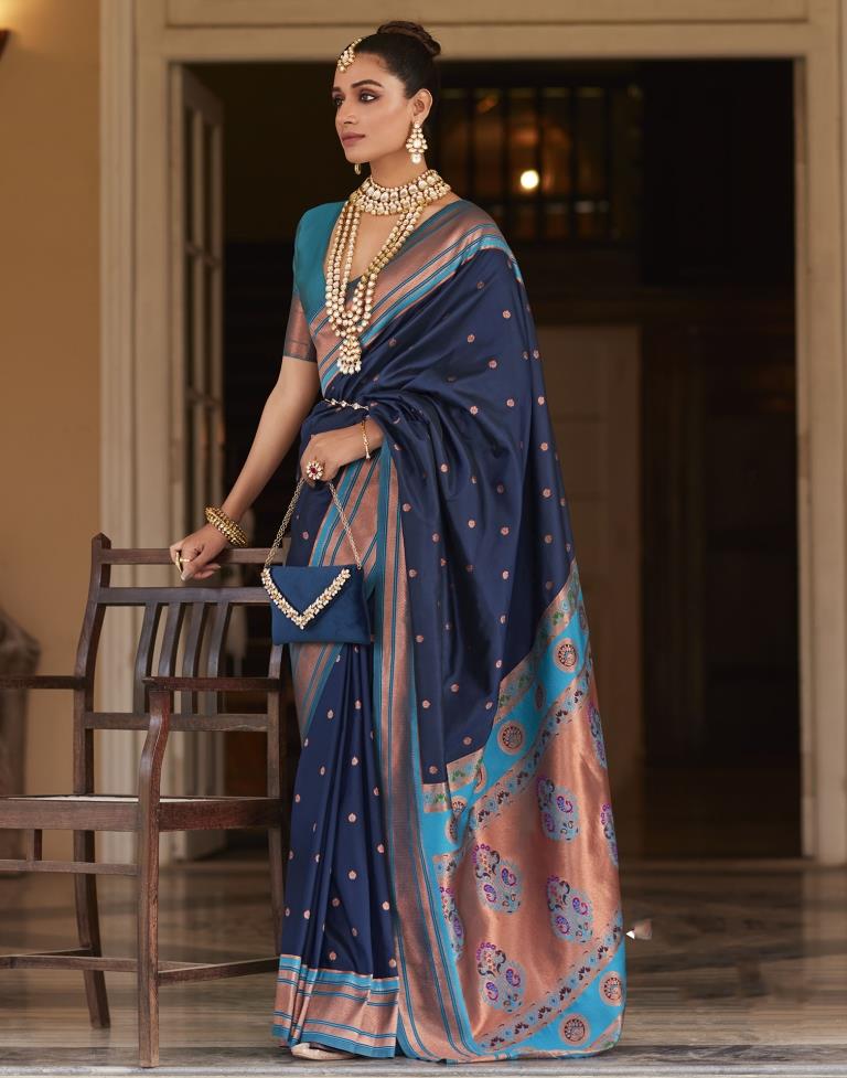 Navy Blue Silk Woven Saree