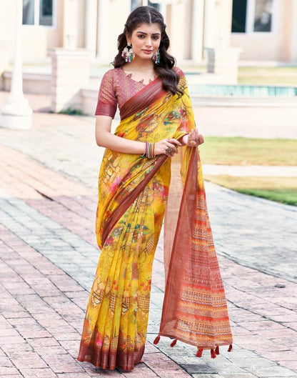 Turmeric Yellow Linen Printed Saree