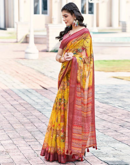 Turmeric Yellow Linen Printed Saree