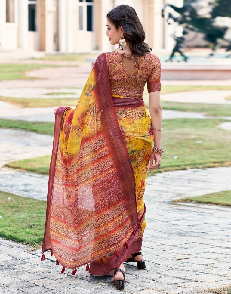 Turmeric Yellow Linen Printed Saree