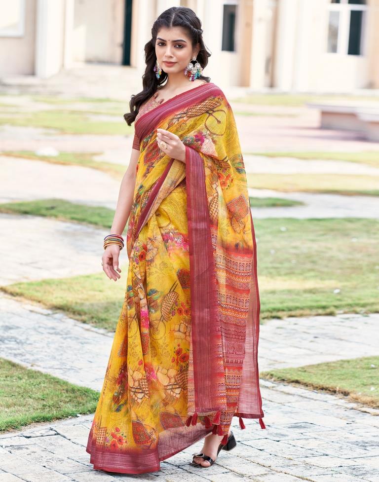 Turmeric Yellow Linen Printed Saree