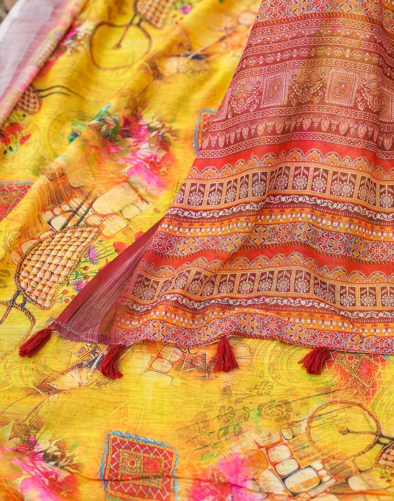 Turmeric Yellow Linen Printed Saree