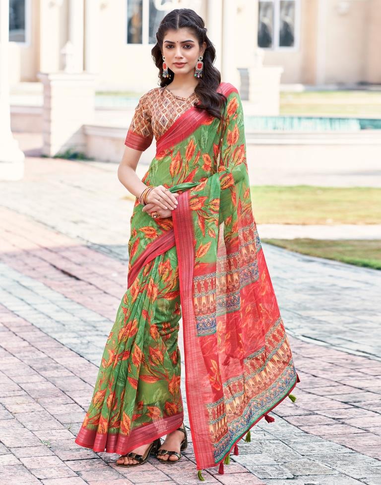 Green Linen Printed Saree