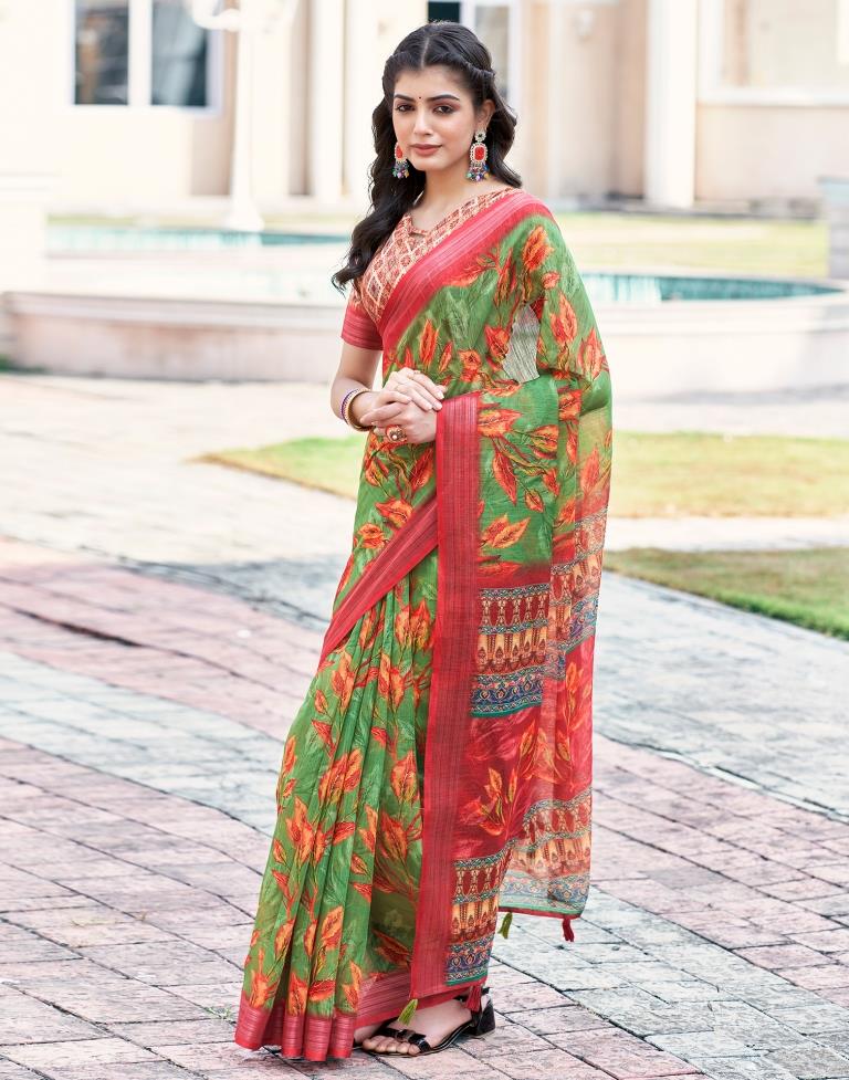 Green Linen Printed Saree