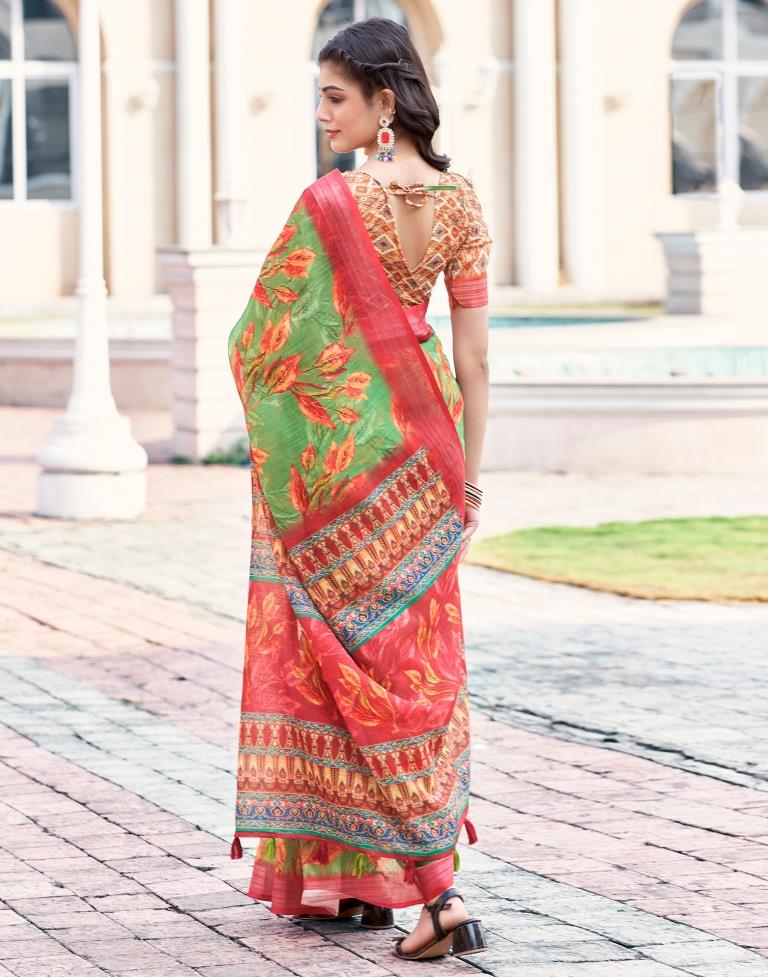 Green Linen Printed Saree