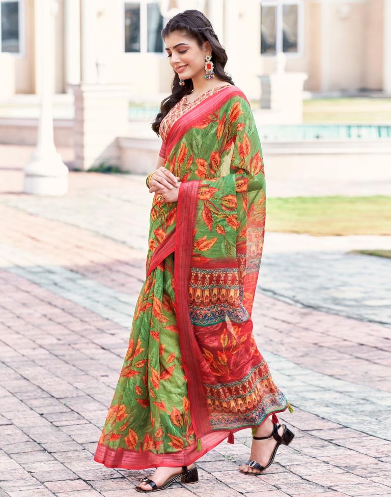 Green Linen Printed Saree