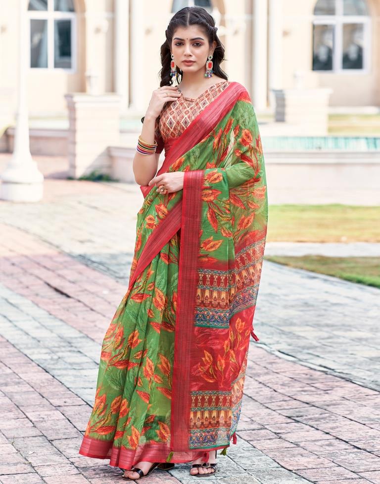 Green Linen Printed Saree