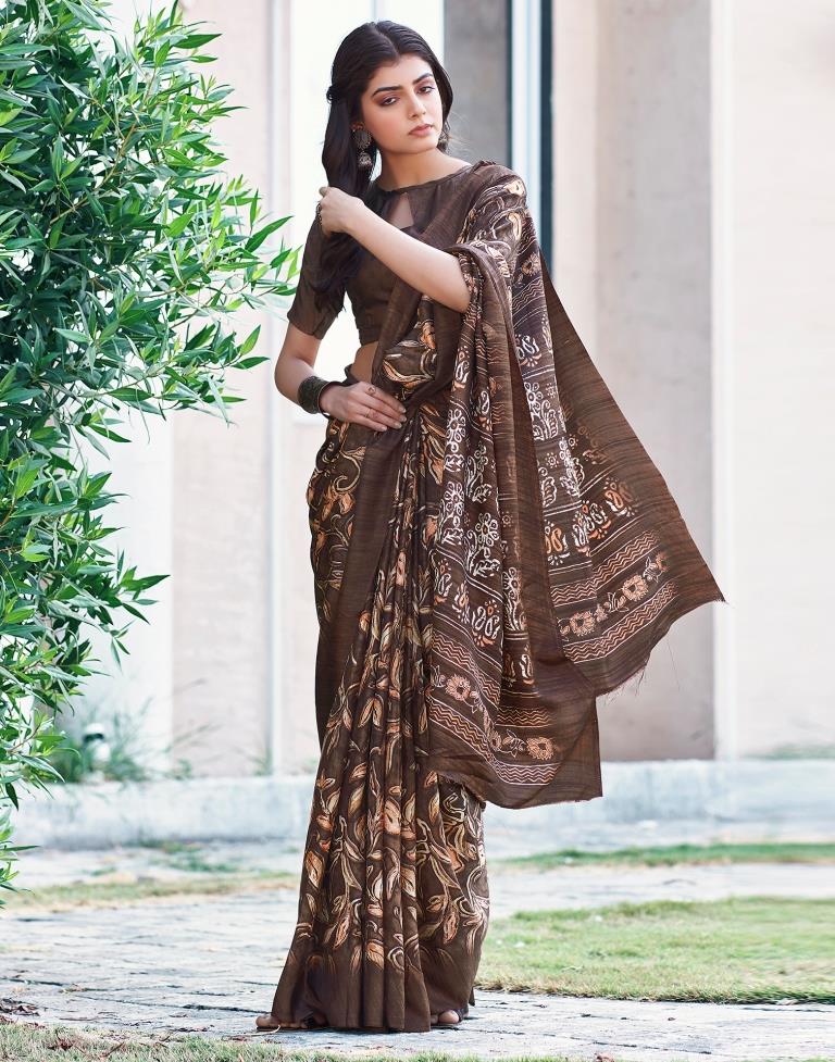 Brown Silk Printed Saree