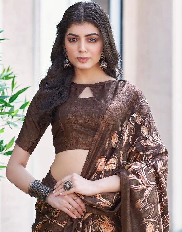 Brown Silk Printed Saree