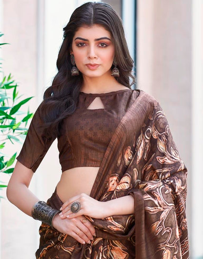 Brown Silk Printed Saree