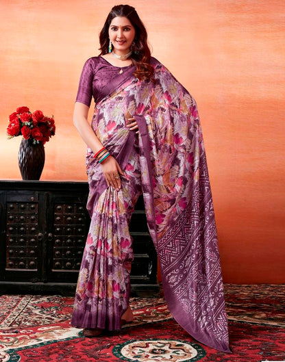 Dark Purple Silk Printed Saree