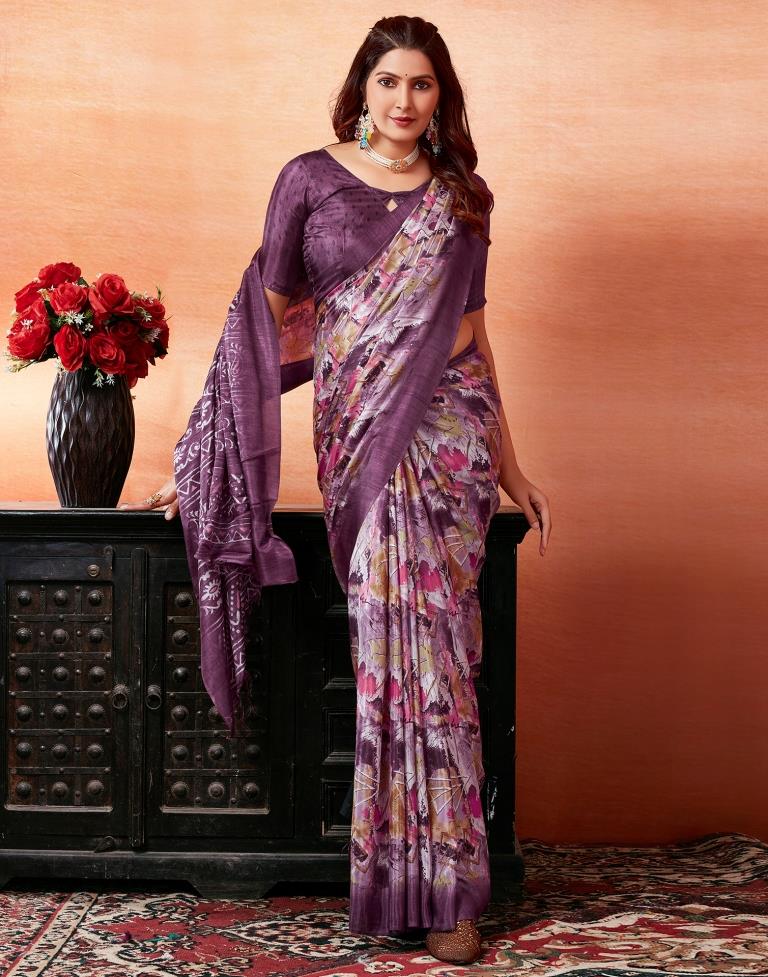 Dark Purple Silk Printed Saree