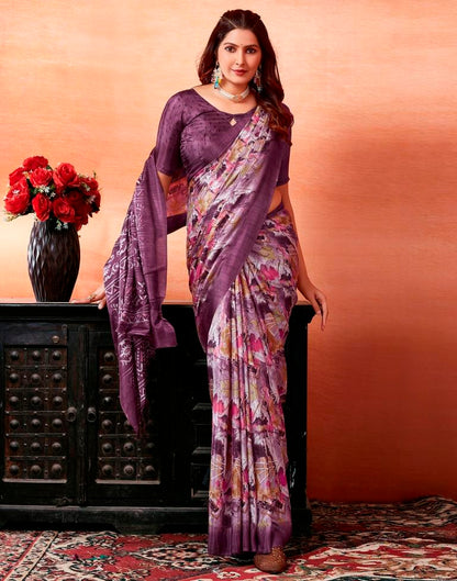 Dark Purple Silk Printed Saree