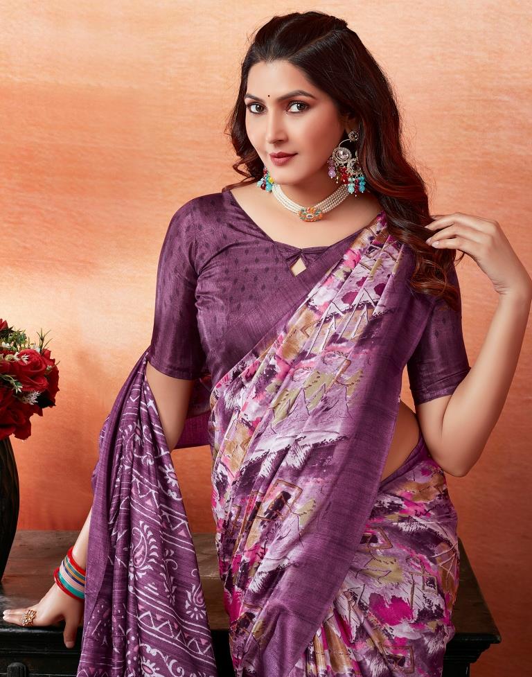 Dark Purple Silk Printed Saree