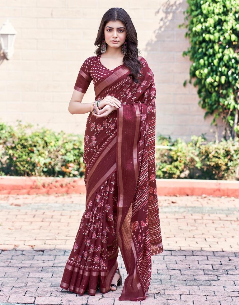 Maroon Silk Printed Saree