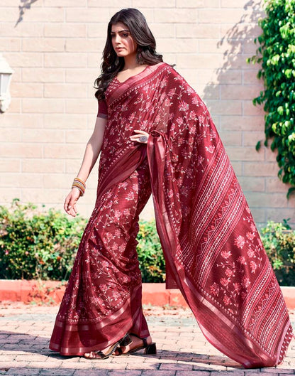 Maroon Silk Printed Saree