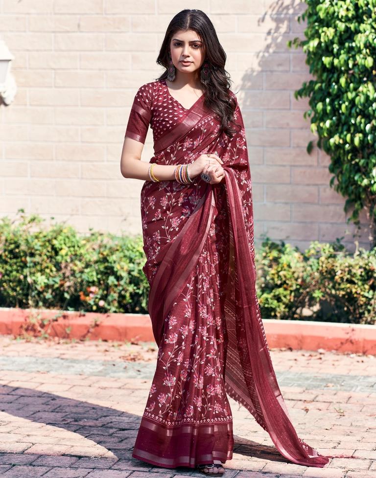 Maroon Silk Printed Saree