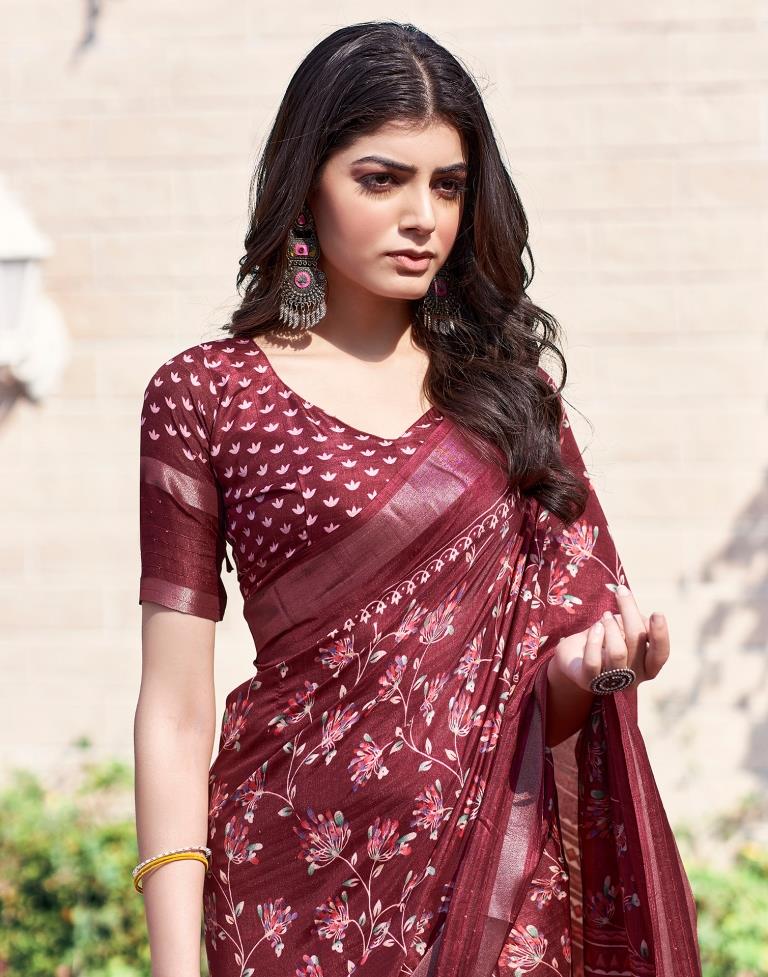 Maroon Silk Printed Saree