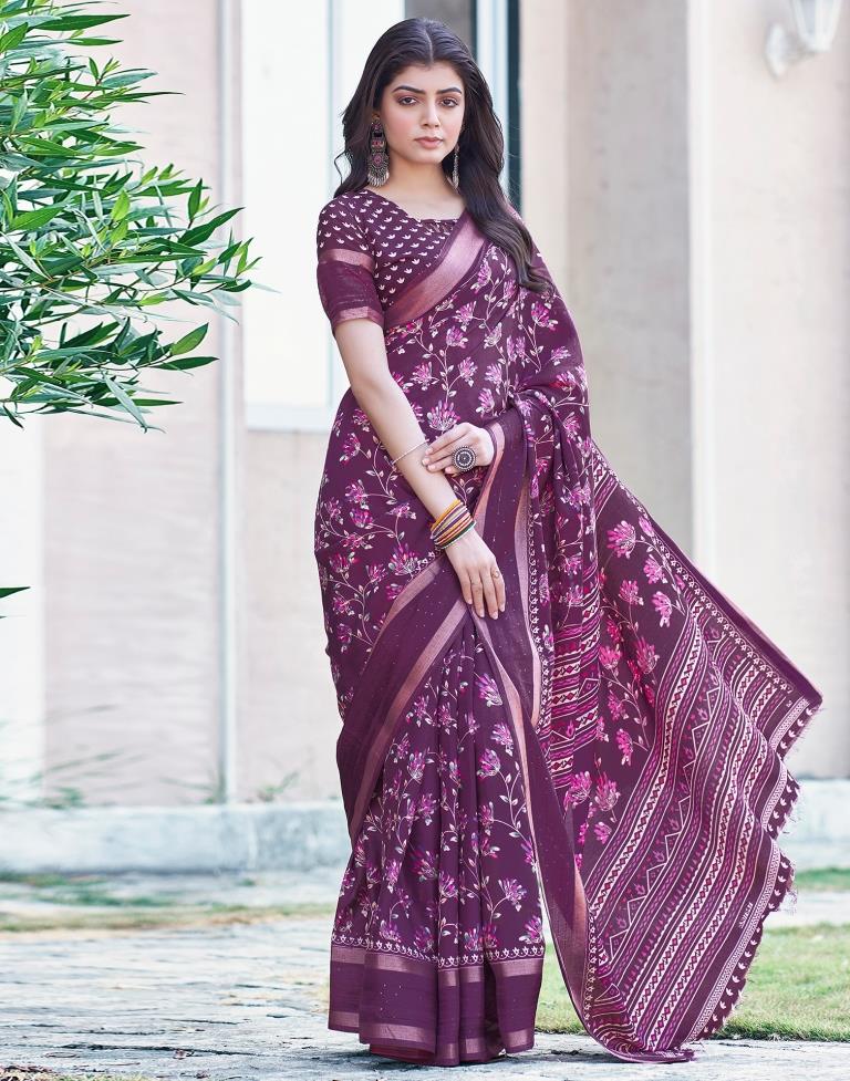 Dark Purple Silk Printed Saree