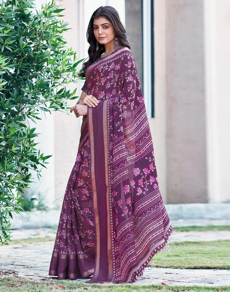 Dark Purple Silk Printed Saree