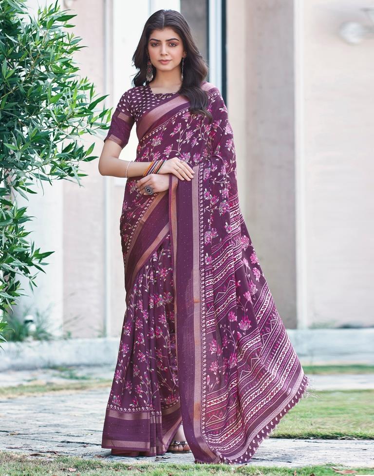 Dark Purple Silk Printed Saree