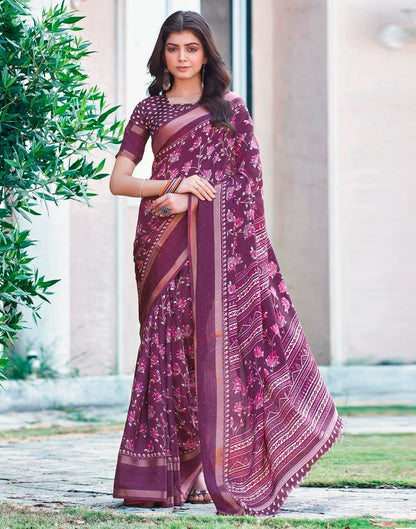 Dark Purple Silk Printed Saree