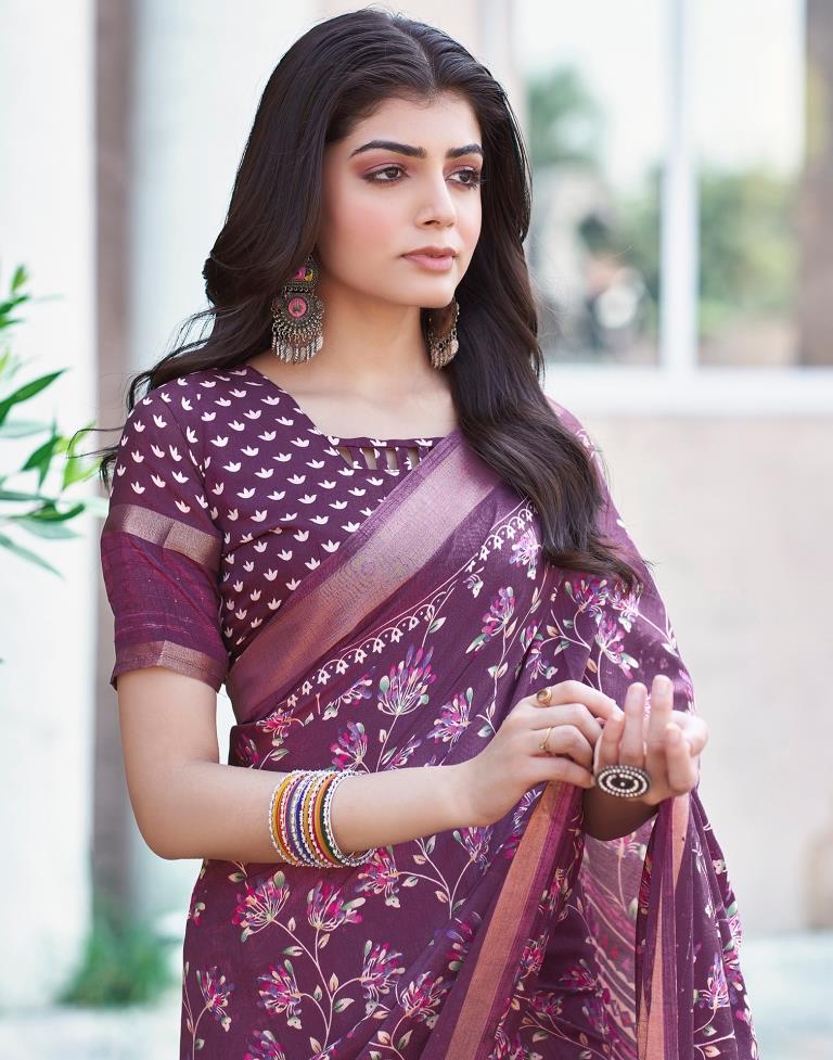 Dark Purple Silk Printed Saree