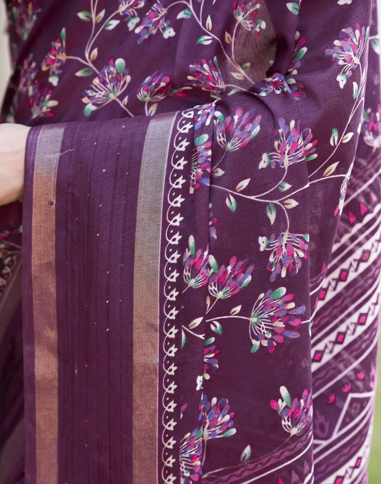 Dark Purple Silk Printed Saree