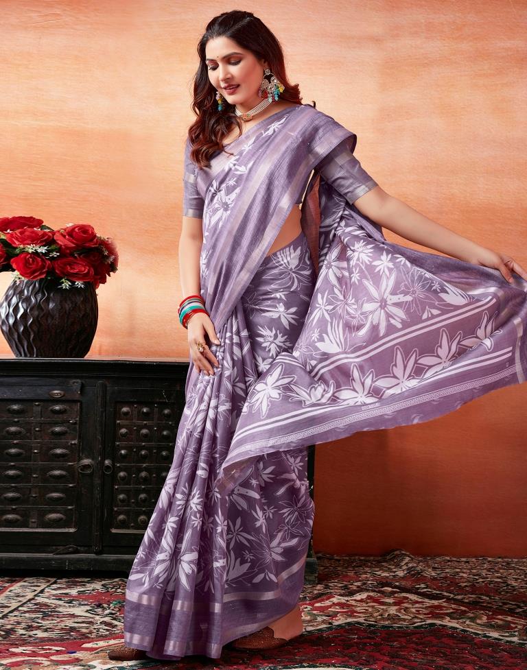 Lavender Silk Printed Saree