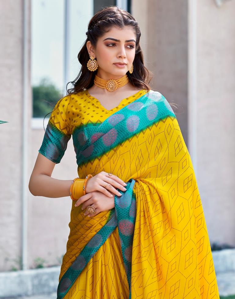 Yellow Cotton Printed Saree