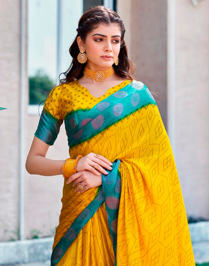 Yellow Cotton Printed Saree