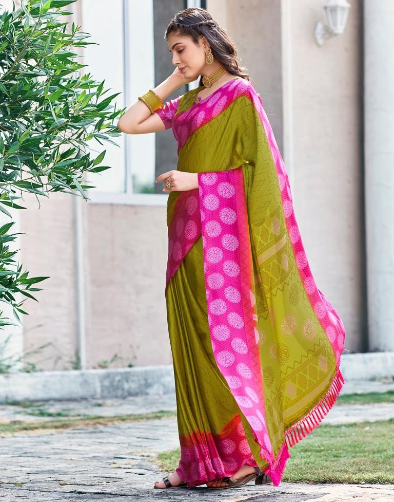 Yellow Green Cotton Printed Saree