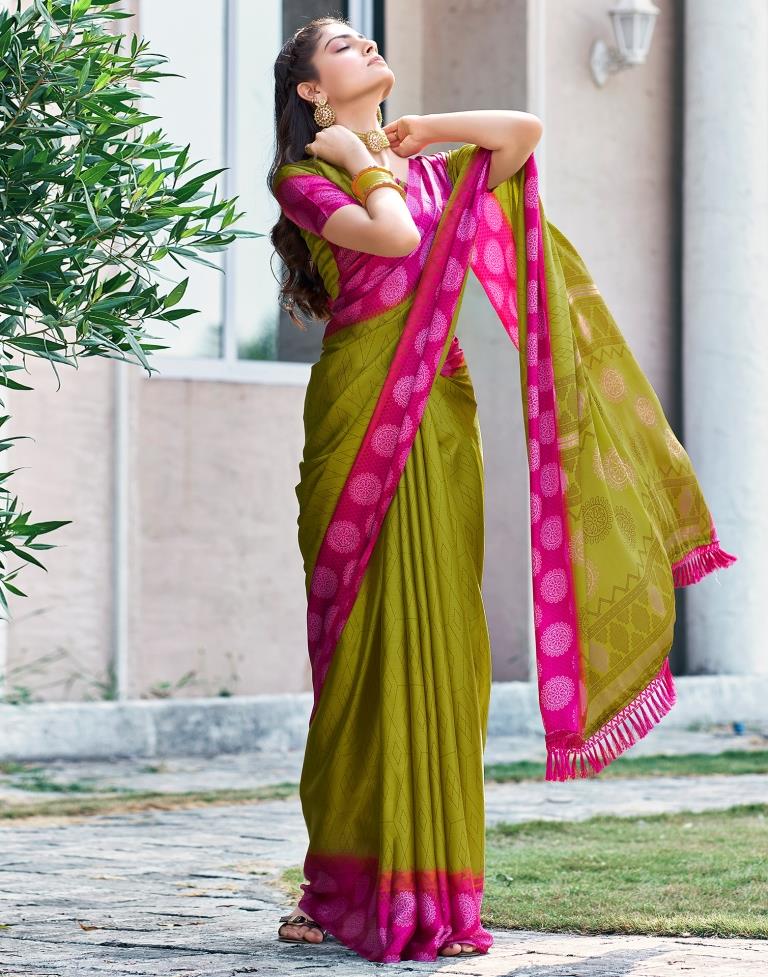 Yellow Green Cotton Printed Saree