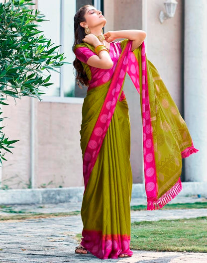 Yellow Green Cotton Printed Saree