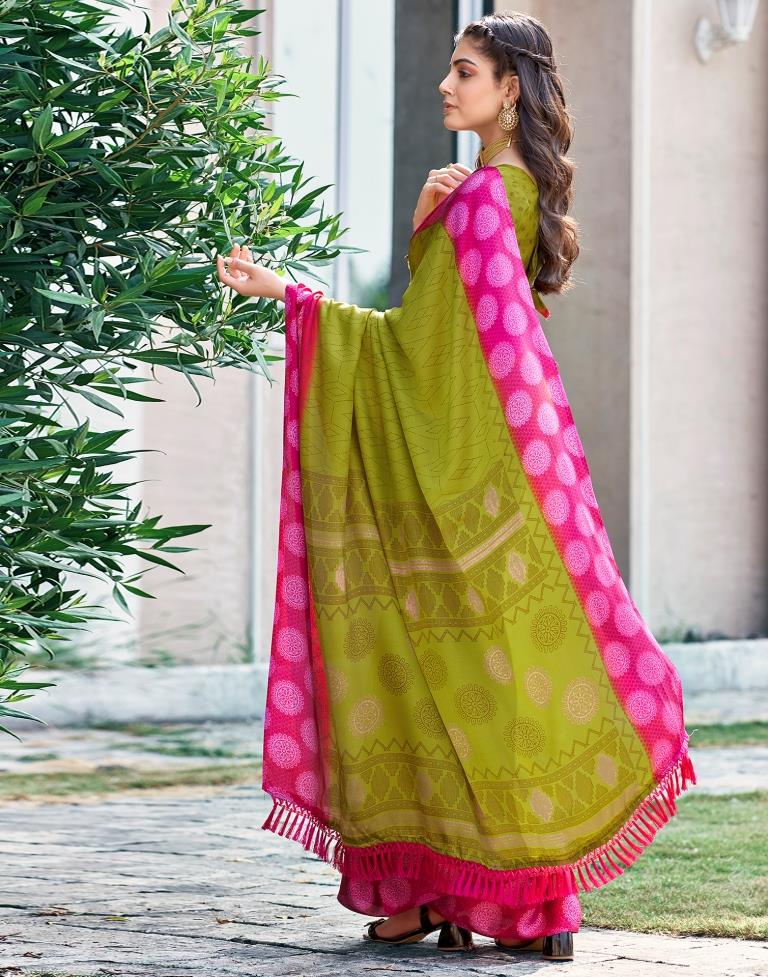 Yellow Green Cotton Printed Saree