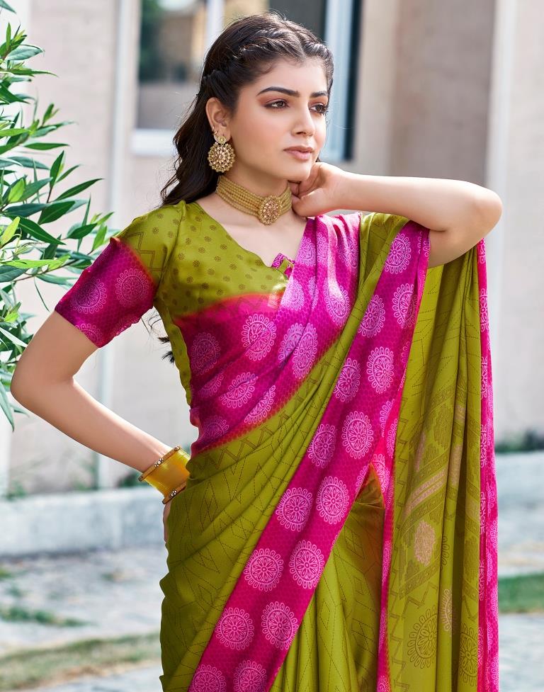 Yellow Green Cotton Printed Saree