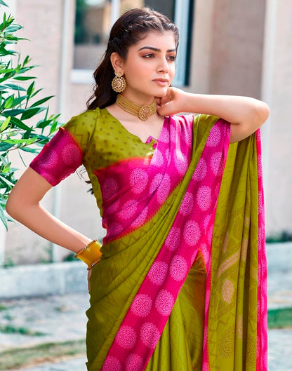 Yellow Green Cotton Printed Saree