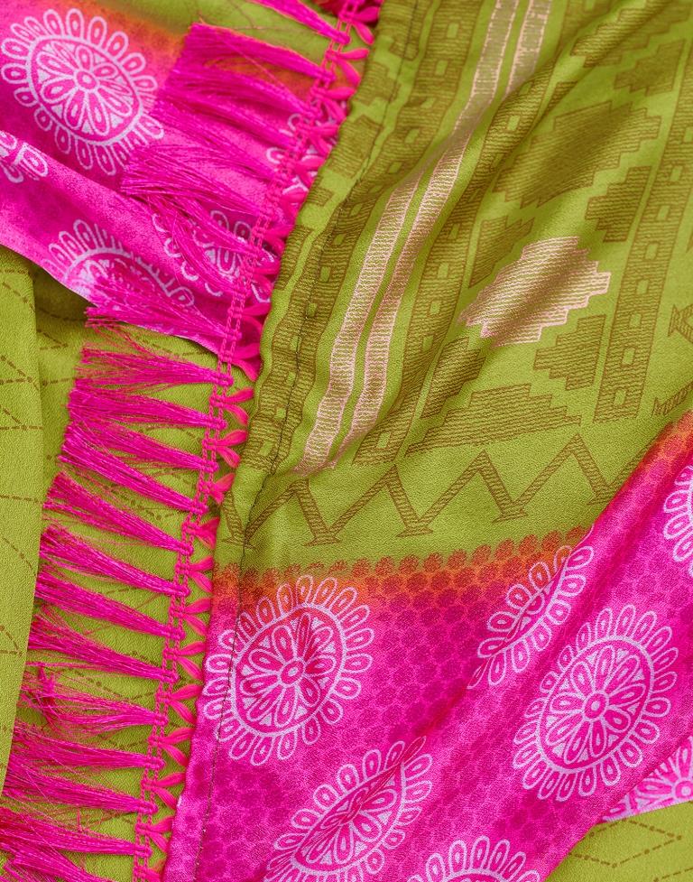 Yellow Green Cotton Printed Saree