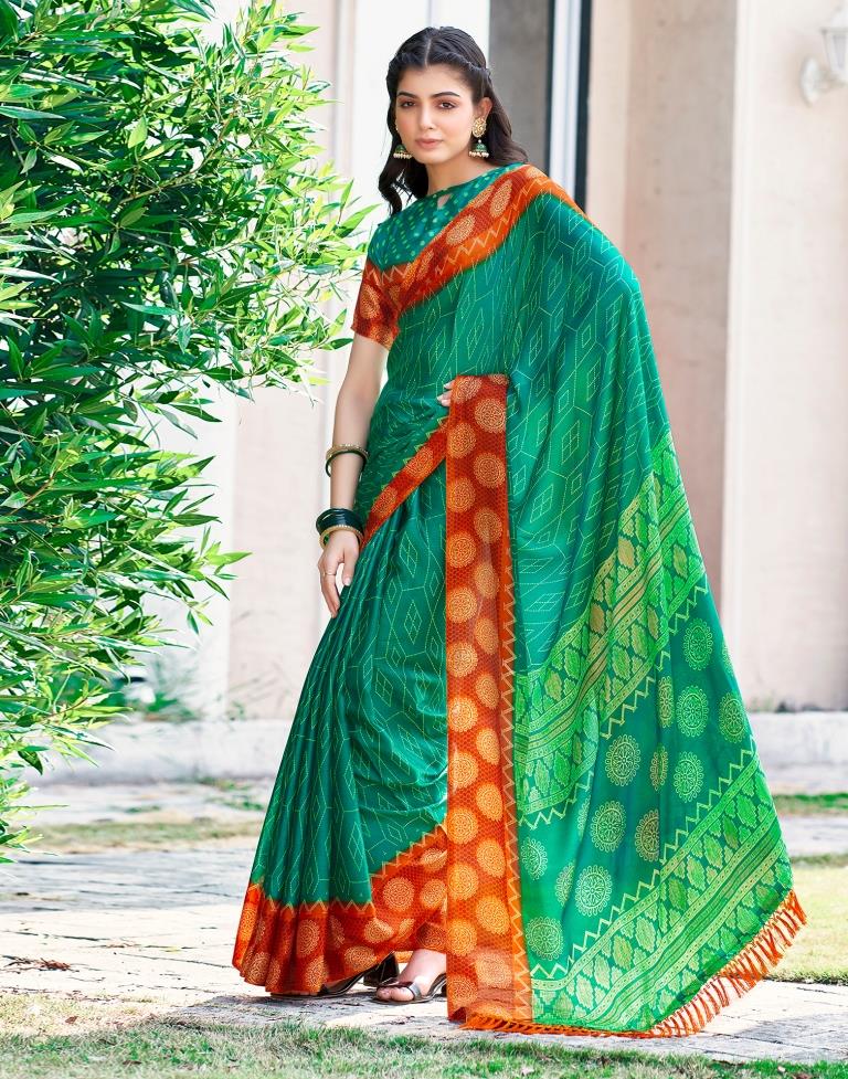 Teal Green Cotton Printed Saree