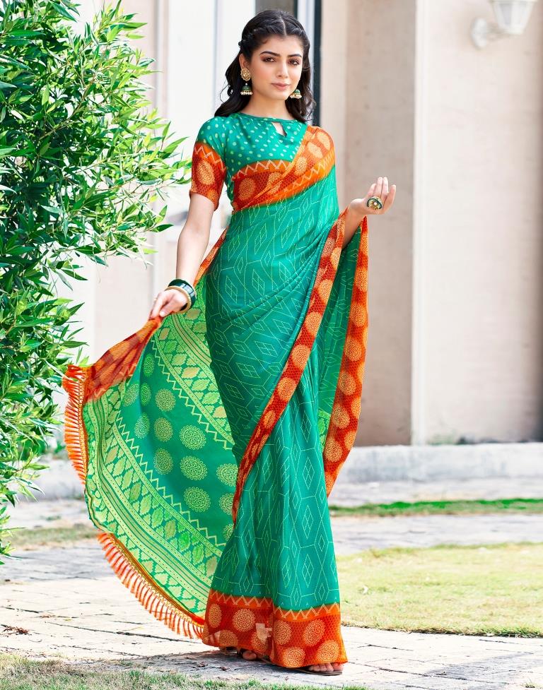 Teal Green Cotton Printed Saree