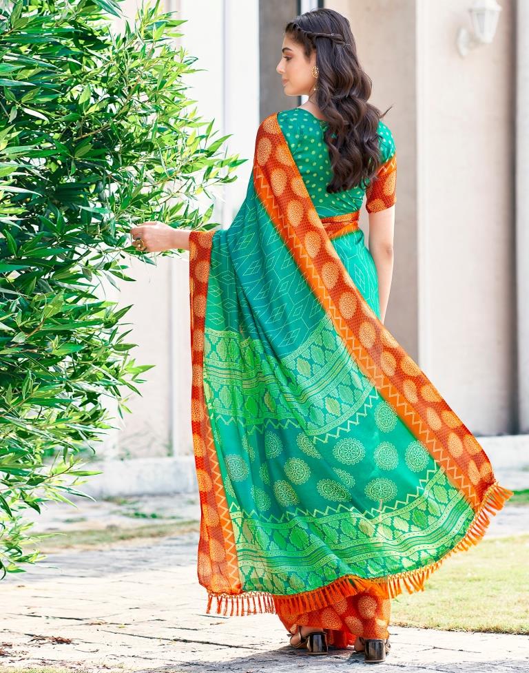 Teal Green Cotton Printed Saree