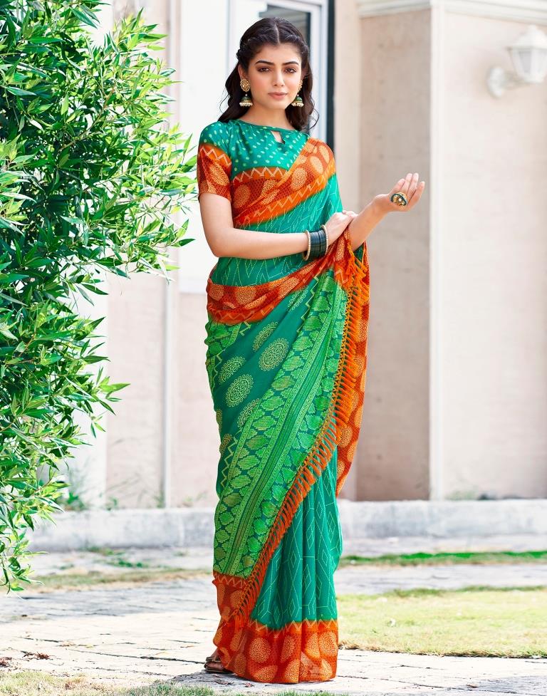 Teal Green Cotton Printed Saree