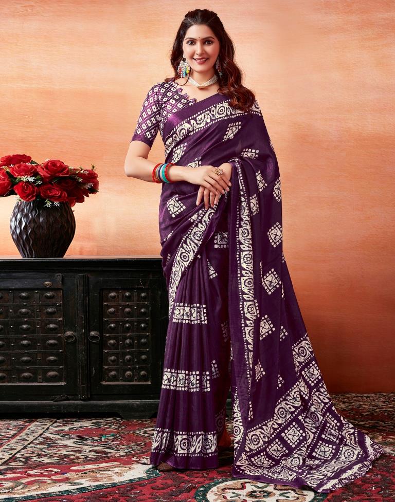 Dark Purple Silk Printed Saree