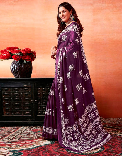 Dark Purple Silk Printed Saree