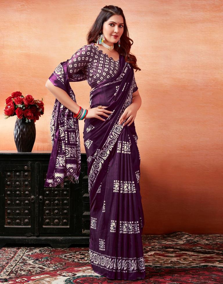 Dark Purple Silk Printed Saree