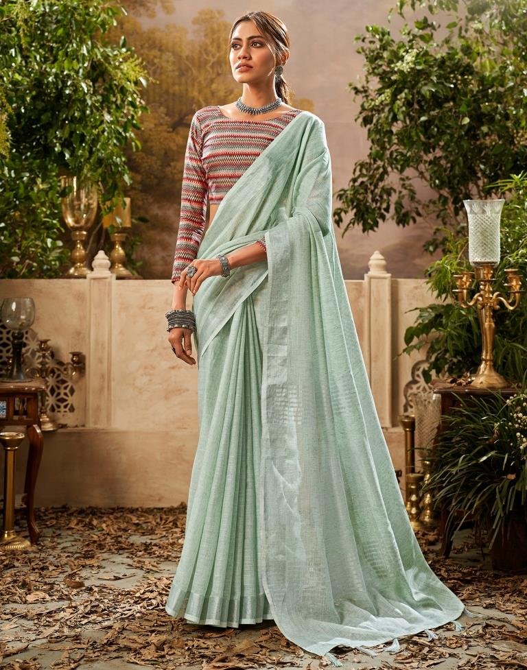 Light Pista Green Cotton Woven Saree