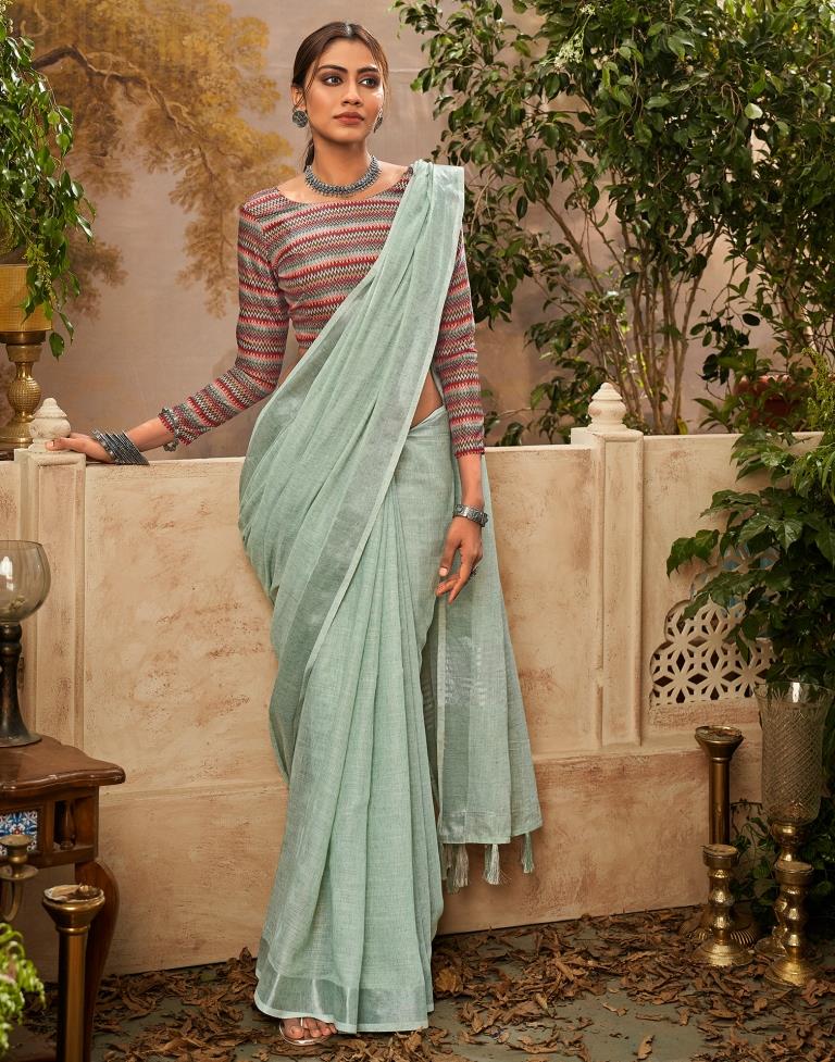 Light Pista Green Cotton Woven Saree